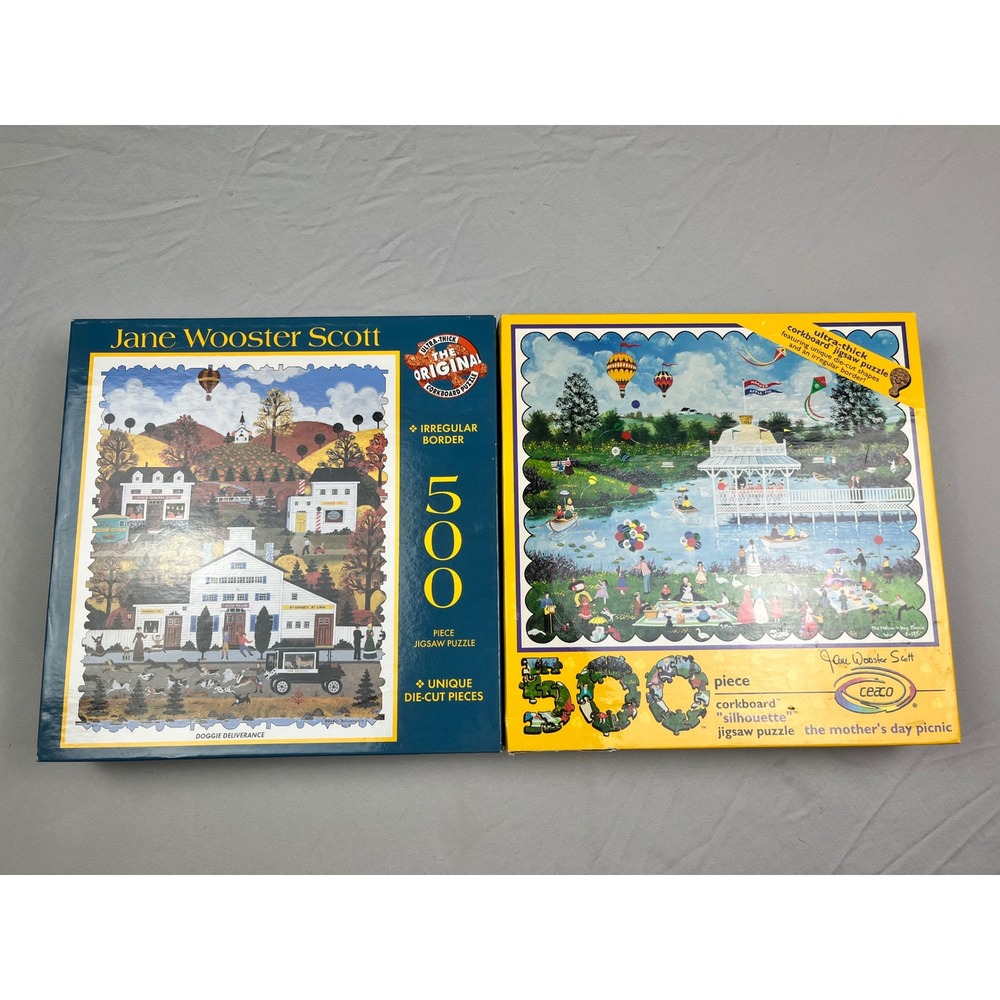 Jane Wooster Scott 500 Piece Corkboard Jigsaw Puzzle Lot of 2 Americana Folk Art